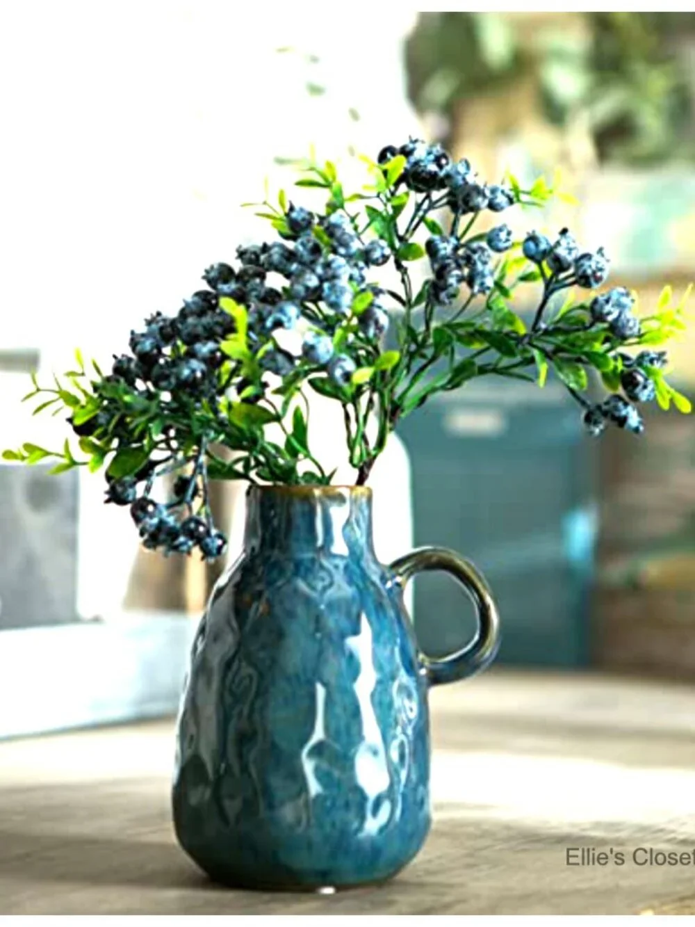 Blue Glazed Ceramic Vase Set of 2 with Handles, Farmhouse Decor, Centerpiece